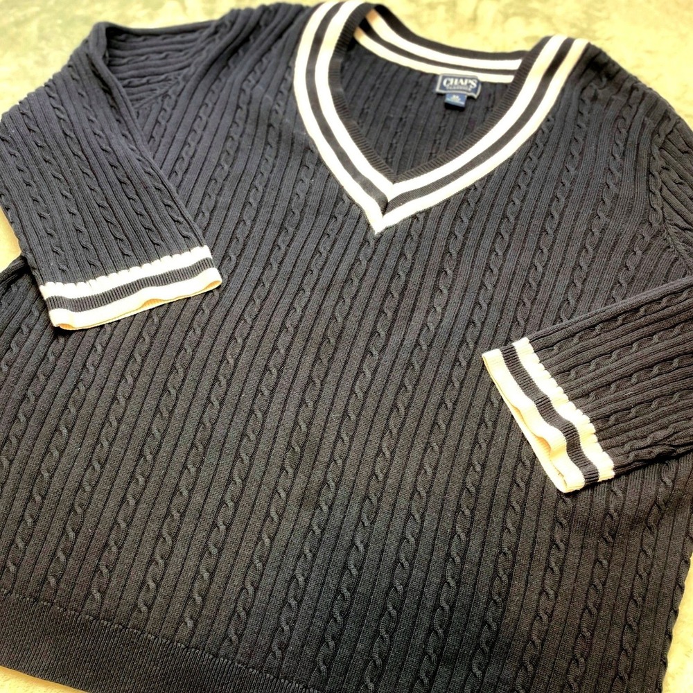 Chaps Womens Cable Knit Varsity Sweater Size 3X Navy V-Neck 3/4 Sleeve Preppy
